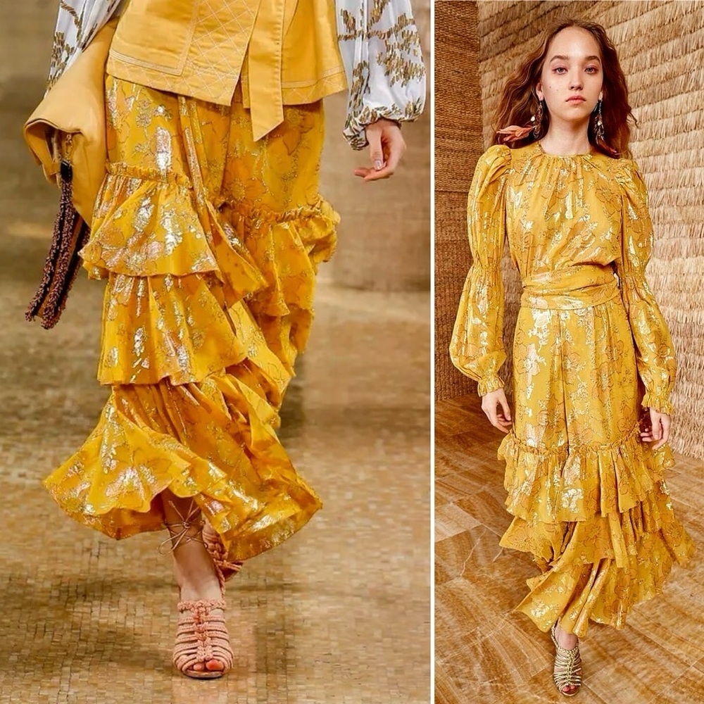 Ulla Johnson SET Rashida Skirt Aster Top Citrine Gold Yellow Metallic Maxi 12 XL